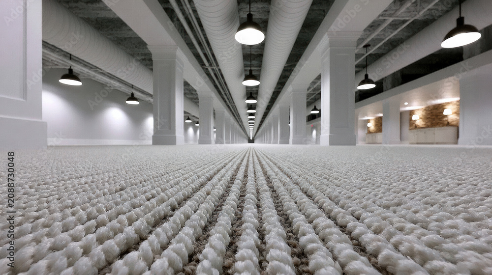 Obraz premium Vast underground living room with textured carpet, white columns, industrial ceiling, and modern lighting, creating spacious and serene atmosphere