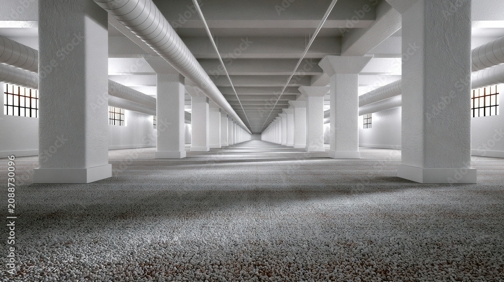 Obraz premium Vast underground living room complex with white columns, industrial ceiling, textured floor, and soft natural light, evoking calm atmosphere