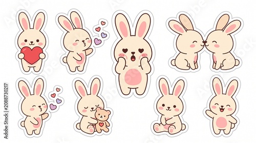 Cute kawaii bunny sticker collection featuring romantic poses and heart elements, perfect for digital planners, scrapbooking, and Valentine's Day decorations.
