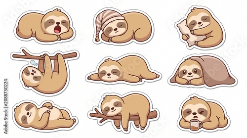 Adorable cartoon sloth sticker collection featuring lazy poses like sleeping and yawning, perfect for planner decoration, scrapbooking, and stationery design.