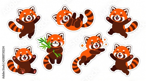 Set of cute red panda vector stickers in various poses like eating bamboo and jumping, perfect for digital planners, scrapbooking, and kids' designs.