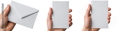  different perspectives of hands, each holding a plain white envelope, 