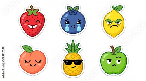 Set of kawaii fruit stickers featuring strawberry, blueberry, lemon, peach, pineapple and apple with diverse emoji expressions for digital decor and educational use.