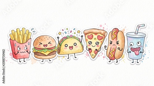 Set of cute kawaii fast food characters as stickers featuring a burger, pizza, and taco with funny faces, perfect for children's menus and branding.