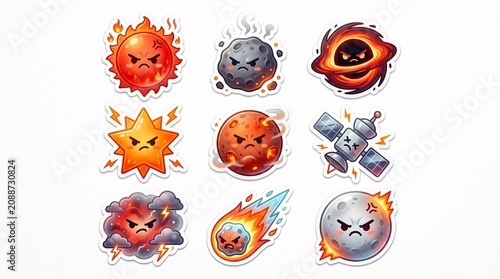 Vibrant Collection of Nine Angry Celestial Body Stickers Featuring Grumpy Sun, Moon, and Black Hole Characters for Digital Scrapbooking and Creative Design
