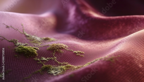 Abstract bio tech textile background. Microscopic view of green mold, moss or organic spores growing on wavy purple fabric mesh