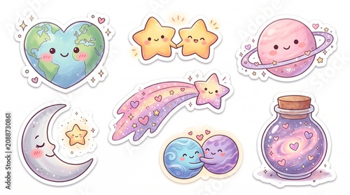 Adorable kawaii celestial sticker set featuring smiling planets, stars, and moon in pastel colors, ideal for planner decoration and creative scrapbooking.