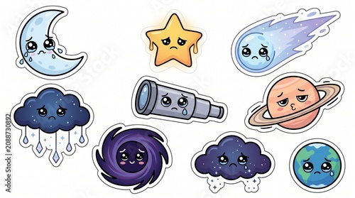 Kawaii collection of sad celestial stickers including crying moon, star, and planets, perfect for scrapbooking, journaling, and digital planners.