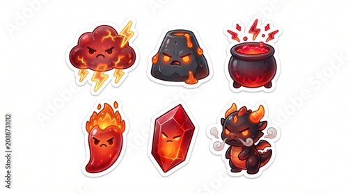 Collection of cute angry fire and lava stickers featuring a dragon, volcano, and spicy chili, perfect for digital planners and social media messaging.