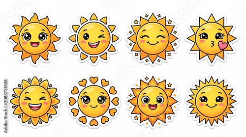 Collection of cute sun emoji stickers featuring diverse facial expressions for kids educational material, weather forecast icons, and digital planner decoration.