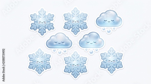 Kawaii collection of winter stickers featuring smiling snowflakes and fluffy blue clouds with content faces for scrapbooking and creative DIY crafts.