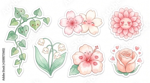 Adorable set of kawaii watercolor flower stickers with cheerful faces featuring cherry blossoms, roses, and heart leaves for planners and scrapbooking.