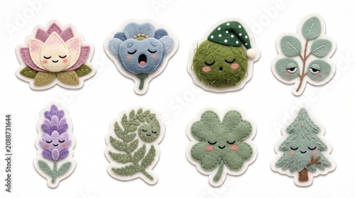 Collection of cute felt-textured plant stickers with sleepy kawaii faces, featuring lotus, lavender, and clover for nursery decor and digital scrapbooking.
