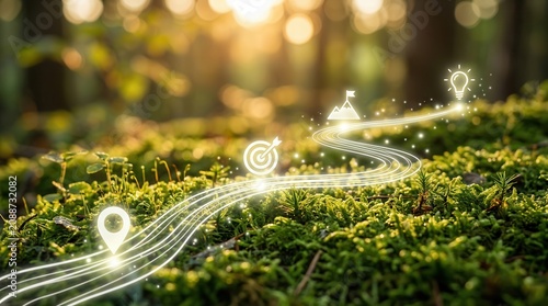 Concept of strategic growth illustrated by a luminous digital roadmap across forest moss.