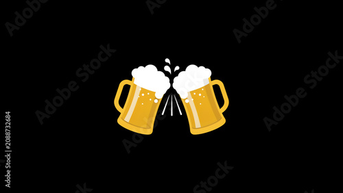 Two clinking beer mugs with white foam, flat glasses
