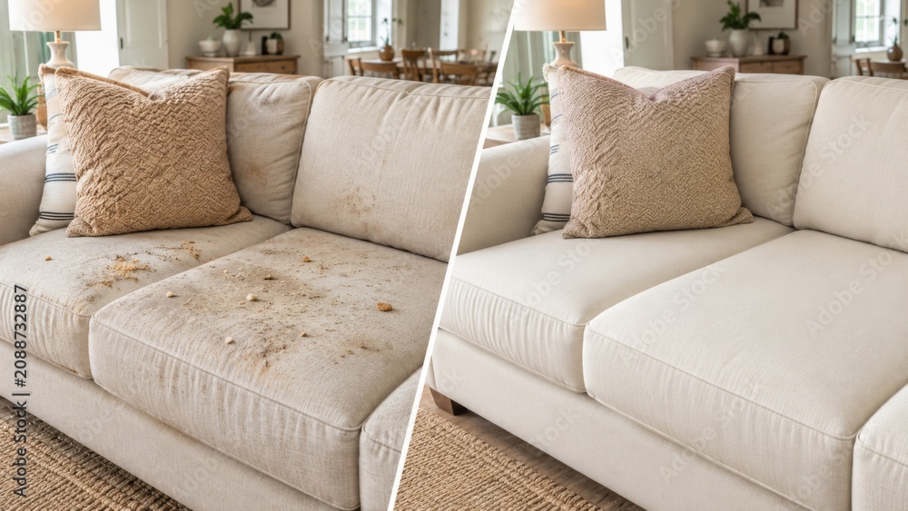 Fototapeta premium Stained beige sofa and fresh clean couch in a bright living room