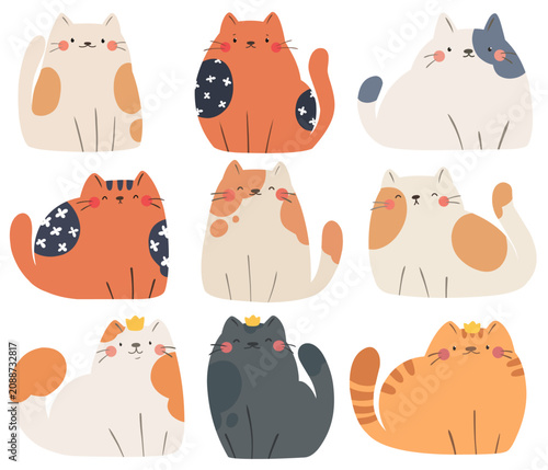 A collection of cute cats, cats with crowns, and cartoon characters in flat style.