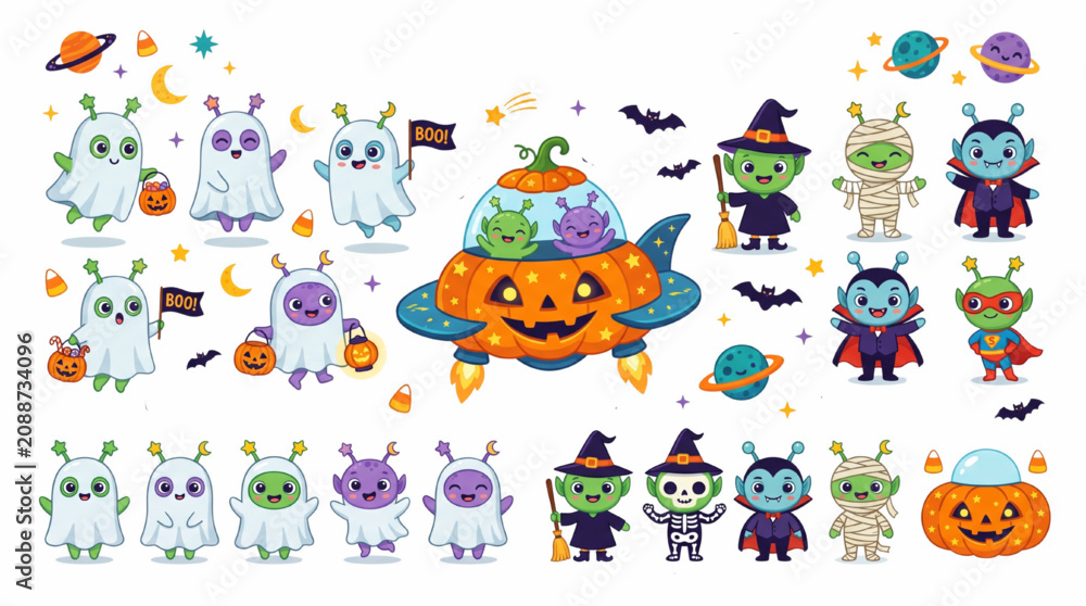 Fototapeta premium Cute Space Alien Halloween Characters Vector Collection, Cosmic Martian Trick or Treat Sticker Set Isolated on White Background