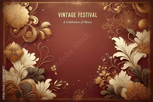 Poster Abstract Vintage Festive Floral White and Royalty Western Gold Leaf Floral Ornament Pattern on Bronze Red Maroon Stock Background & Copy Space. Nature Foliage Flourish Swirl Sparkles Silhouette