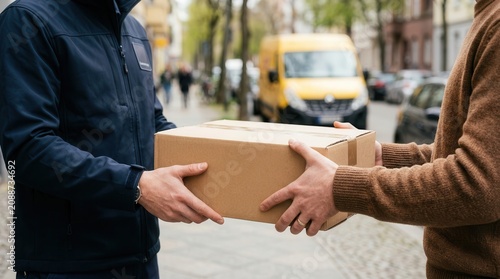 Close up of a courier service worker providing careful handling of a package.