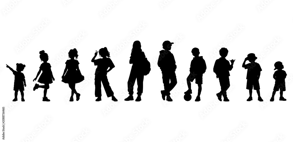 Obraz premium Vector illustration. A set of silhouettes of children of different ages. Teenagers. 