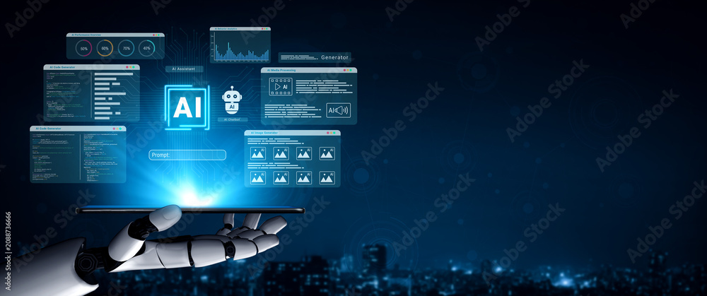 Naklejka premium AI integrating media, code, and image generation tools into a unified dashboard for creative automation and data-driven productivity Parse