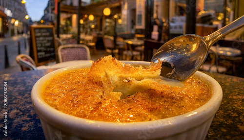 Caramelized Creme Brulee Spoon Crack Macro with Blurred Paris Background