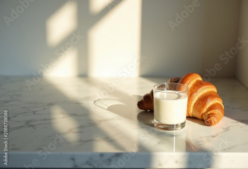 morning light on marble countertop, reflections, glass of milk and croissant, editorial simplicity