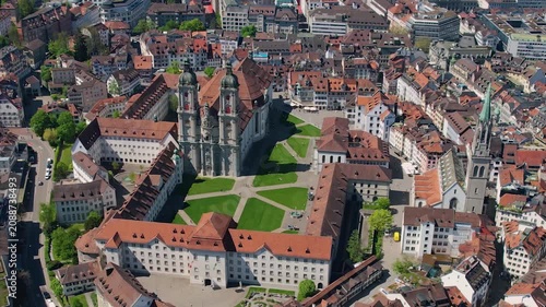 Aerial panoramic view above the old town around the city St Gallen in Switzerland on a sunny summer noon. 