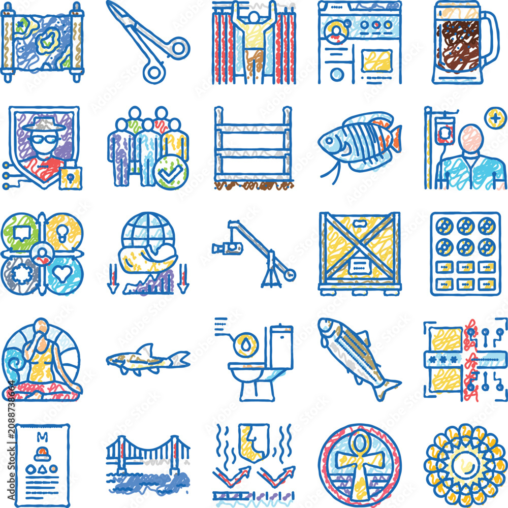 Fototapeta premium Hand drawn icon set collection presenting various concepts and themes including digital security, community, health, leisure, travel, and logistics in a doodle style