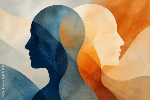 Two human profiles are displayed in an abstract style. One profile is dark while the other is light, showing contrast. The background has soft curves of different colors blending together.
