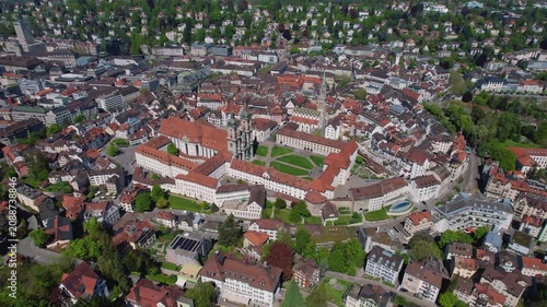 Aerial panoramic view above the old town around the city St Gallen in Switzerland on a sunny summer noon. 