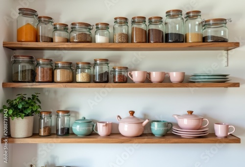 kitchen shelves with neatly organized glass jars, spices, pastel ceramics, cozy aesthetic