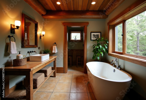 Rustic bathroom interior, wooden accents, warm lighting, cozy natural atmosphere