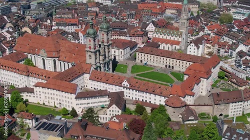 Aerial panoramic view above the old town around the city St Gallen in Switzerland on a sunny summer noon. 