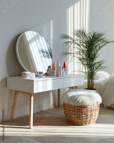 Bright naturally lit bedroom scene with modern white vanity table, round mirror, beauty products, wicker stool, and green indoor plant