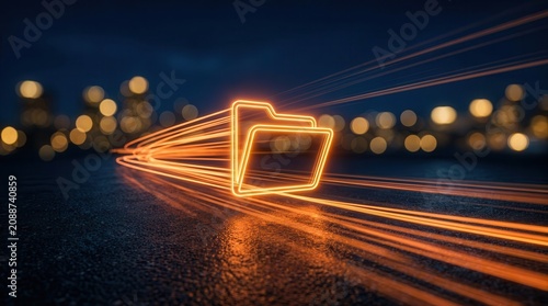 High-speed secure document transfer shown by a glowing file icon on a digital path in a dark tech setting.