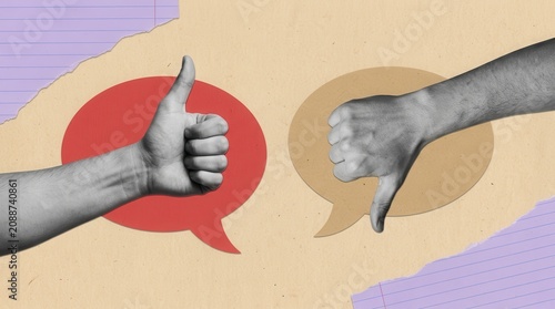 Conceptual imagery of human hands showing thumbs up and thumbs down signals on a colorful background.
