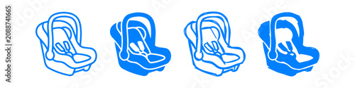 Set of four blue baby car seat illustrations in various styles, from simple outlines to filled icons. Perfect for parenting, travel, and child safety themes.