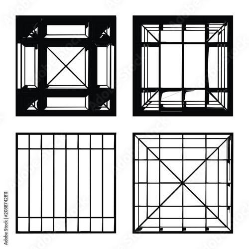 Four black window grid designs with different pane styles isolated on white background, Vector