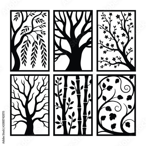 Set of six black tree designs with different branch patterns isolated on white background, Vector