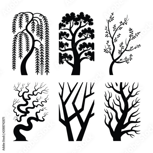 Six black tree silhouettes with different branch shapes isolated on white background, Vector