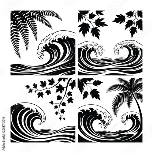 Four black and white wave illustrations with tropical leaves and palm trees isolated on white background, Vector