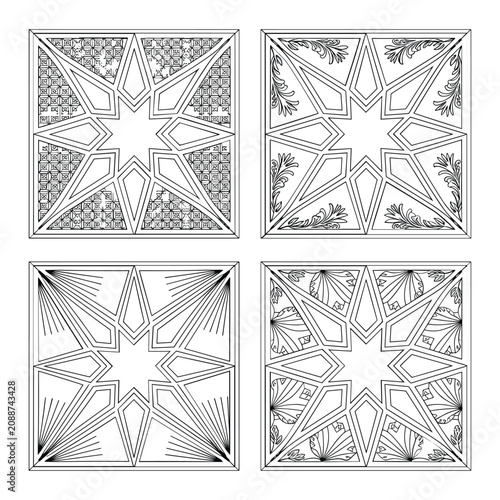 Geometric seamless pattern with triangular and star shapes in black and white isolated on white background, Vector