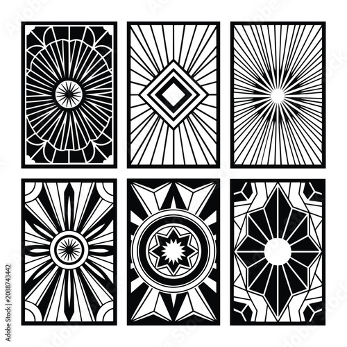 Set of six black and white decorative geometric tile patterns isolated on white background, Vector