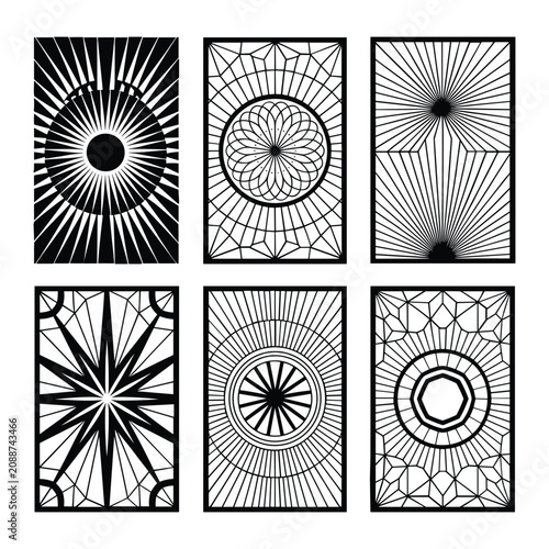 Set of six black and white seamless geometric patterns with circles and lines isolated on white background, Vector
