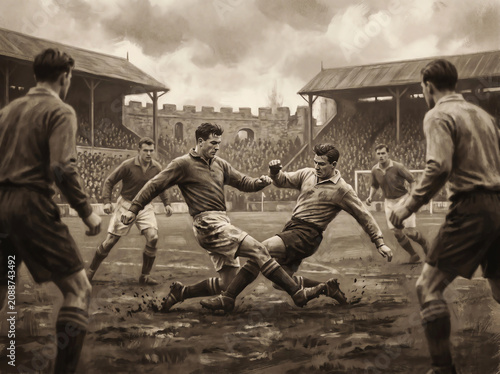 Vintage Sepia Painting of a Classic Football Match Action