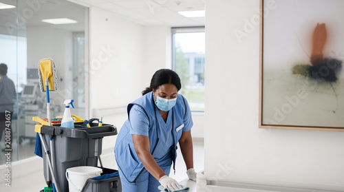 Hospital cleaner wiping a surface in a medical hallway