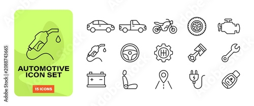 Automotive car service and auto mechanic vehicle repair outline vector icon set