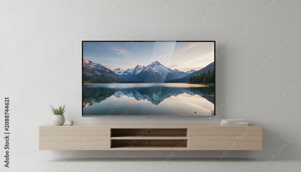 Fototapeta premium 3D TV mockup with serene landscape view on elegant wooden stand